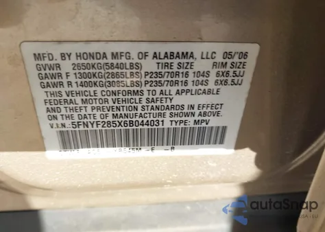2006 Honda Pilot Ex-L z USA, uszkodzony, nr VIN 5FNYF285X6B044031